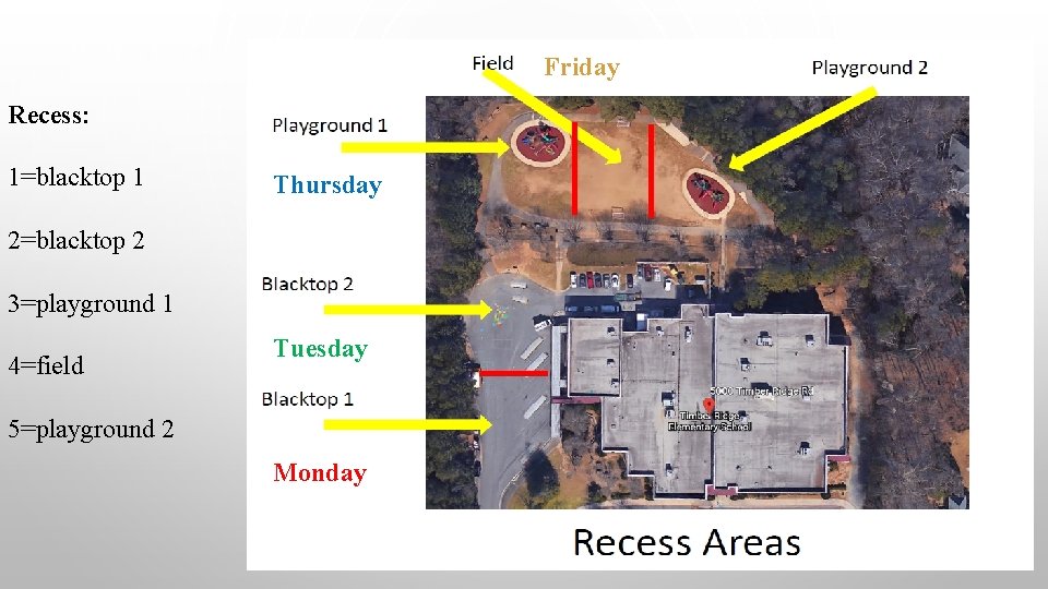 Friday Recess: 1=blacktop 1 Thursday 2=blacktop 2 3=playground 1 4=field Tuesday 5=playground 2 Monday