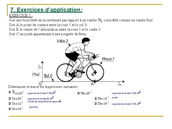 7. Exercices d’application: EXERCICE 1 : Soit une bicyclette en mouvement par rapport à