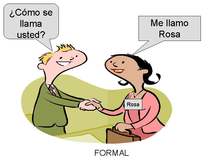 ¿Cómo se llama usted? Me llamo Rosa FORMAL 