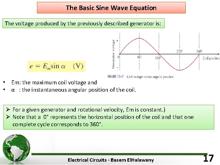 The Basic Sine Wave Equation The voltage produced by the previously described generator is: