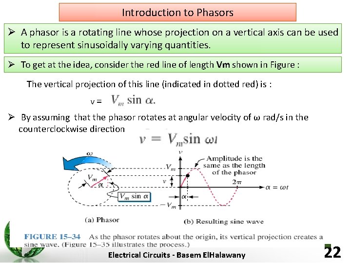 Introduction to Phasors Ø A phasor is a rotating line whose projection on a