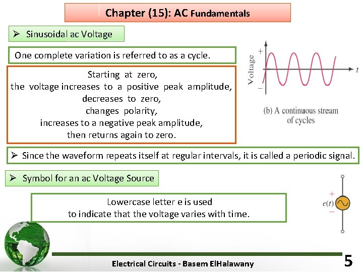 Chapter (15): AC Fundamentals Ø Sinusoidal ac Voltage One complete variation is referred to