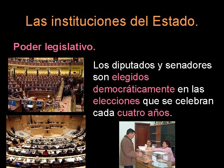 Las instituciones del Estado. Poder legislativo. Los diputados y senadores son elegidos democráticamente en