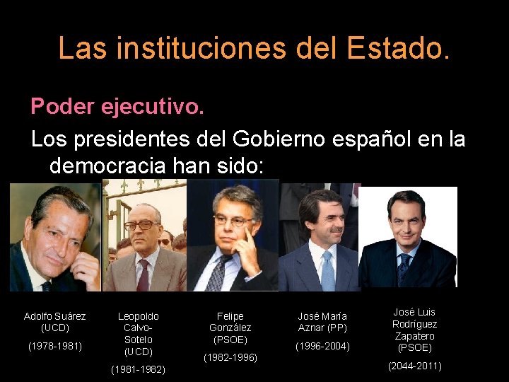 Las instituciones del Estado. Poder ejecutivo. Los presidentes del Gobierno español en la democracia