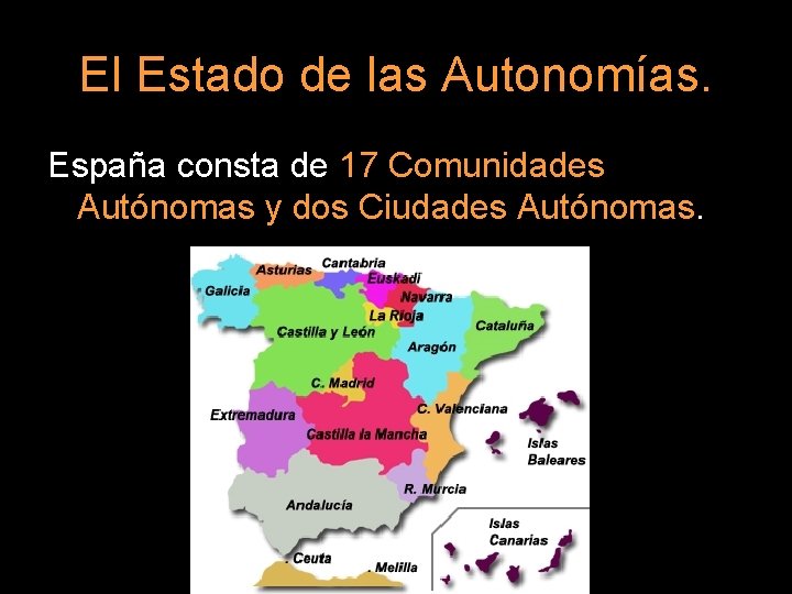 El Estado de las Autonomías. España consta de 17 Comunidades Autónomas y dos Ciudades
