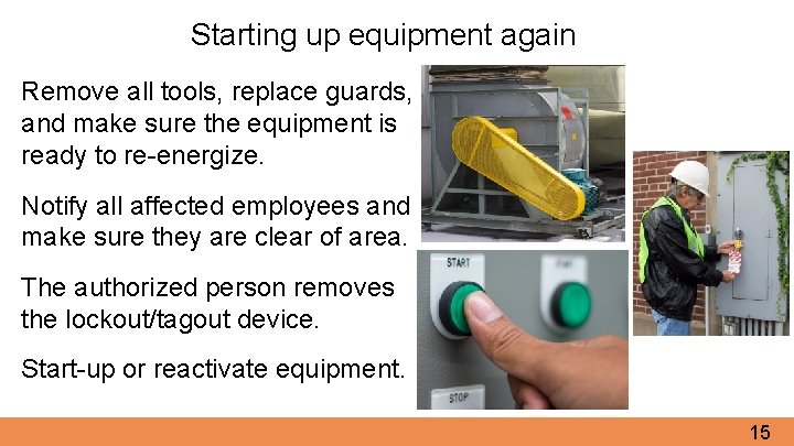 Starting up equipment again Remove all tools, replace guards, and make sure the equipment
