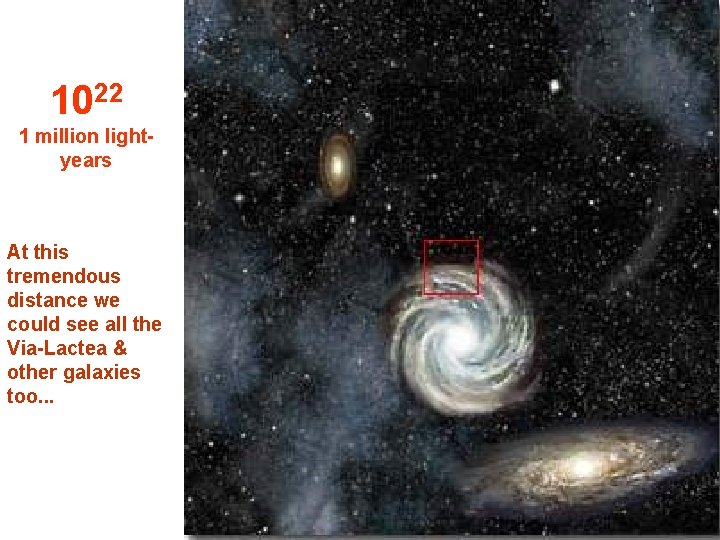 1022 1 million lightyears At this tremendous distance we could see all the Via-Lactea