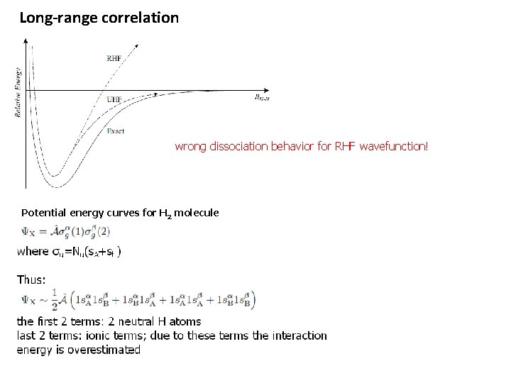 Long-range correlation wrong dissociation behavior for RHF wavefunction! Potential energy curves for H 2