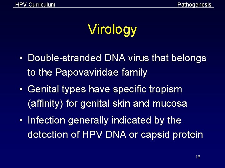 HPV Curriculum Pathogenesis Virology • Double-stranded DNA virus that belongs to the Papovaviridae family