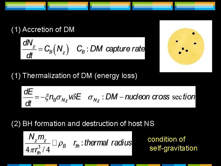 (1) Accretion of DM (1) Thermalization of DM (energy loss) (2) BH formation and (1) Accretion of DM (1) Thermalization of DM (energy loss) (2) BH formation and