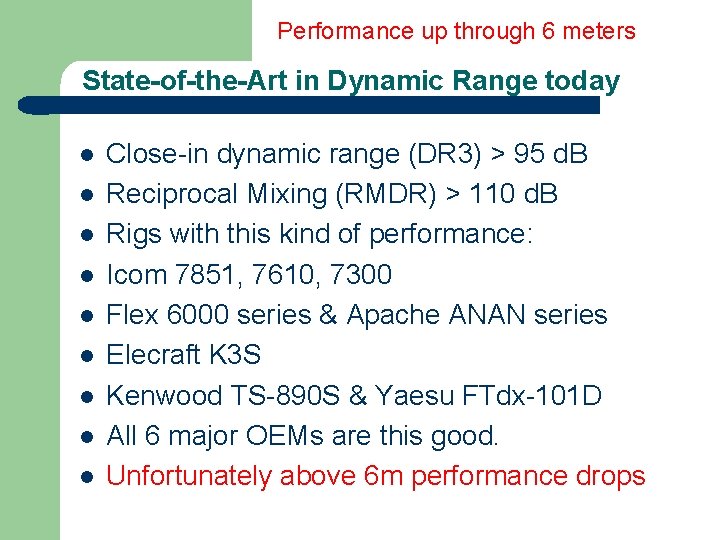Performance up through 6 meters State-of-the-Art in Dynamic Range today l l l l
