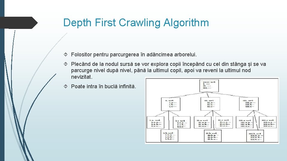 Depth First Crawling Algorithm Folositor pentru parcurgerea în adâncimea arborelui. Plecând de la nodul