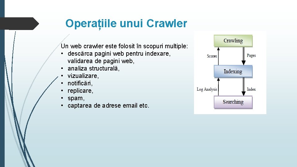 Operațiile unui Crawler Un web crawler este folosit în scopuri multiple: • descărca pagini