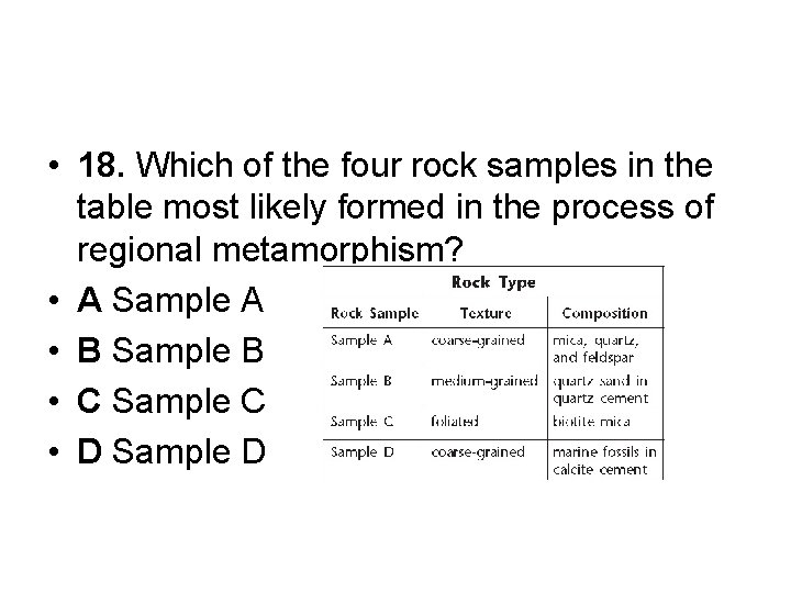  • 18. Which of the four rock samples in the table most likely