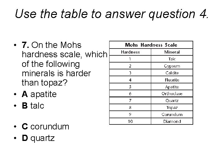 Use the table to answer question 4. • 7. On the Mohs hardness scale, Use the table to answer question 4. • 7. On the Mohs hardness scale,