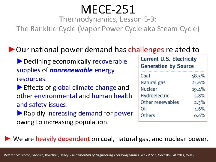 MECE-251 Thermodynamics, Lesson 5 -3: The Rankine Cycle (Vapor Power Cycle aka Steam Cycle)