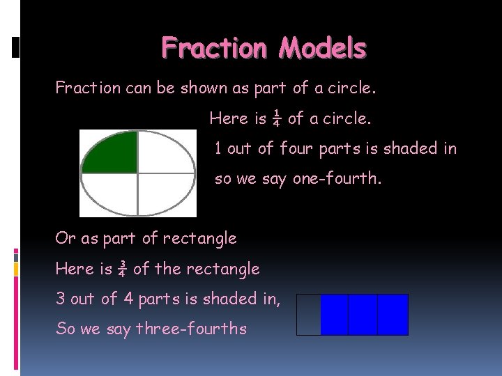 Fraction Models Fraction can be shown as part of a circle. Here is ¼