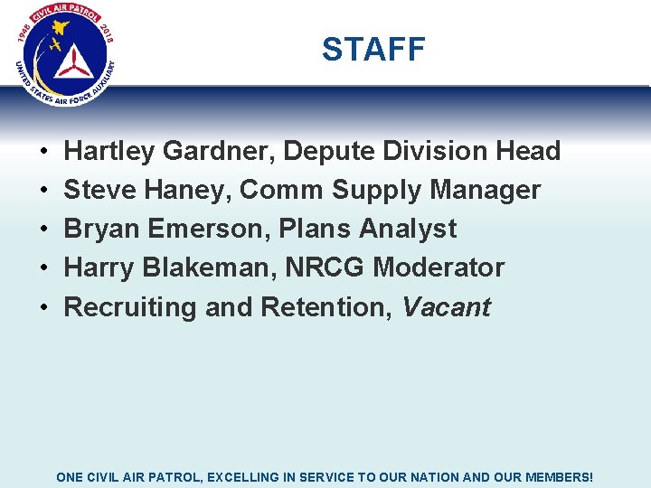 STAFF • • • Hartley Gardner, Depute Division Head Steve Haney, Comm Supply Manager STAFF • • • Hartley Gardner, Depute Division Head Steve Haney, Comm Supply Manager