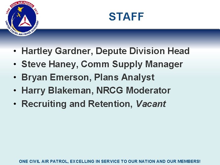 STAFF • • • Hartley Gardner, Depute Division Head Steve Haney, Comm Supply Manager