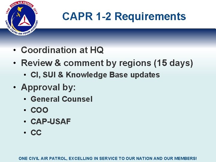 CAPR 1 -2 Requirements • Coordination at HQ • Review & comment by regions