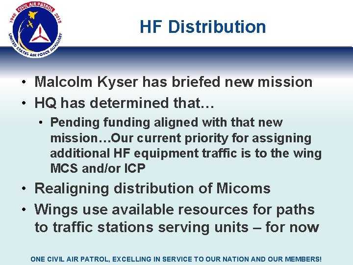 HF Distribution • Malcolm Kyser has briefed new mission • HQ has determined that… HF Distribution • Malcolm Kyser has briefed new mission • HQ has determined that…