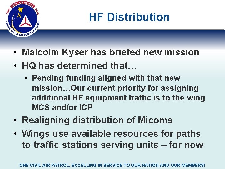 HF Distribution • Malcolm Kyser has briefed new mission • HQ has determined that…