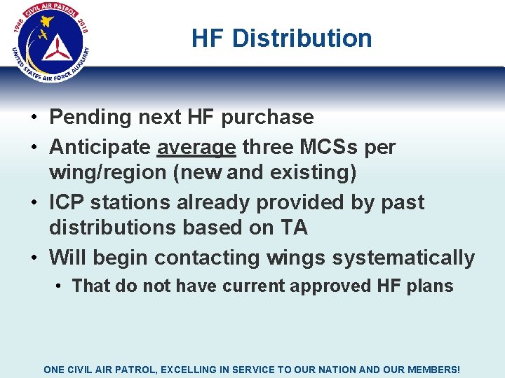HF Distribution • Pending next HF purchase • Anticipate average three MCSs per wing/region HF Distribution • Pending next HF purchase • Anticipate average three MCSs per wing/region