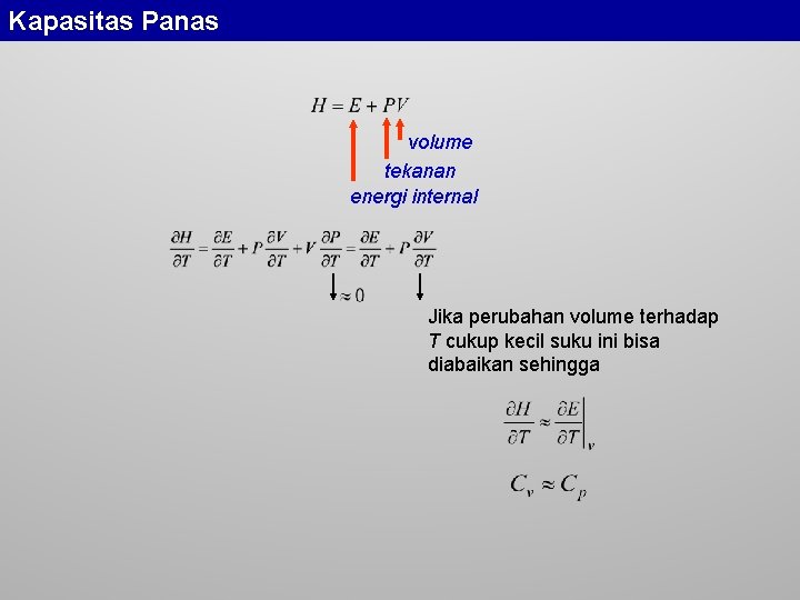 Kapasitas Panas volume tekanan energi internal Jika perubahan volume terhadap T cukup kecil suku