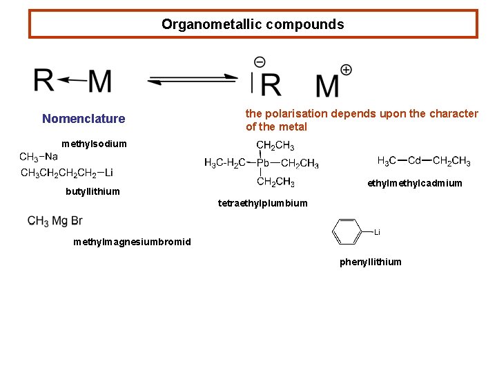 Organometallic compounds Nomenclature the polarisation depends upon the character of the metal methylsodium ethylmethylcadmium