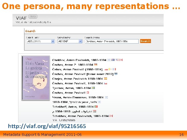 One persona, many representations … http: //viaf. org/viaf/95216565 Metadata Support & Management 2011 -06