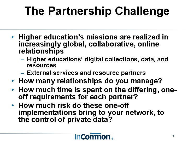 The Partnership Challenge • Higher education’s missions are realized in increasingly global, collaborative, online