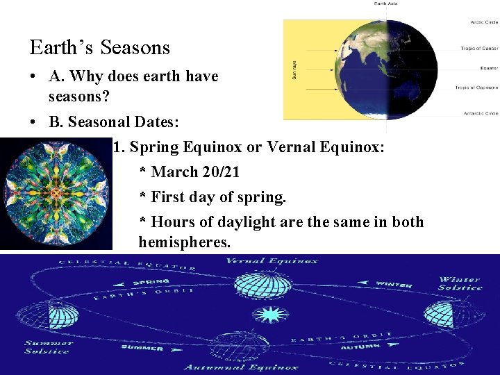 Earth’s Seasons • A. Why does earth have seasons? • B. Seasonal Dates: 1.
