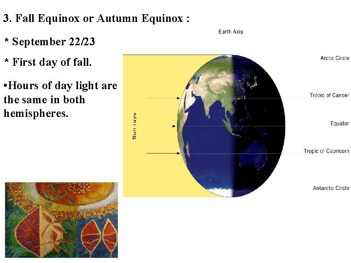 3. Fall Equinox or Autumn Equinox : * September 22/23 * First day of