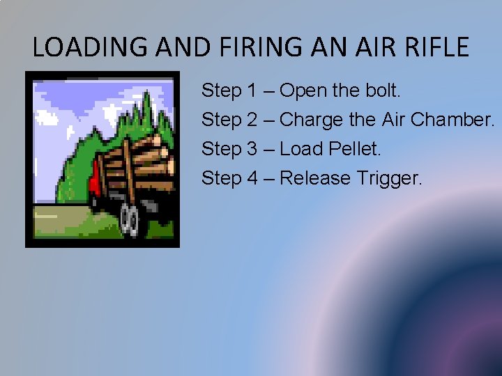 LOADING AND FIRING AN AIR RIFLE Step 1 – Open the bolt. Step 2