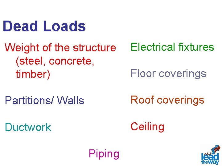 Dead Loads Weight of the structure (steel, concrete, timber) Electrical fixtures Partitions/ Walls Roof