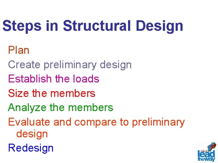 Steps in Structural Design Plan Create preliminary design Establish the loads Size the members