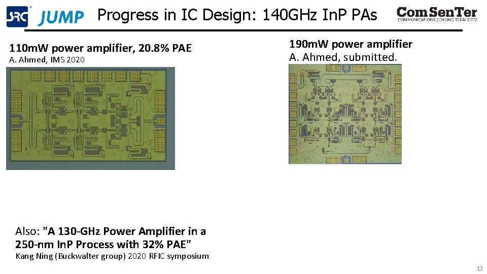 Progress in IC Design: 140 GHz In. P PAs 110 m. W power amplifier,