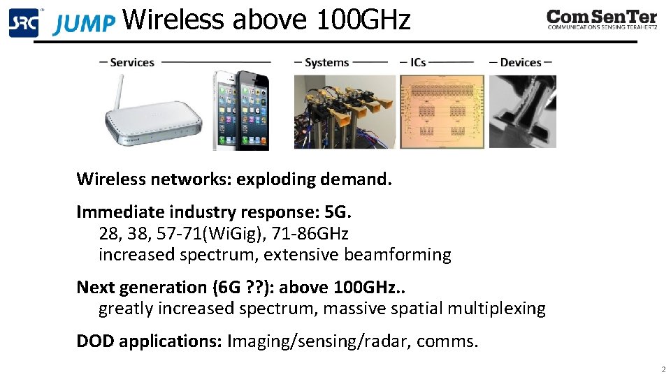 Wireless above 100 GHz Wireless networks: exploding demand. Immediate industry response: 5 G. 28,