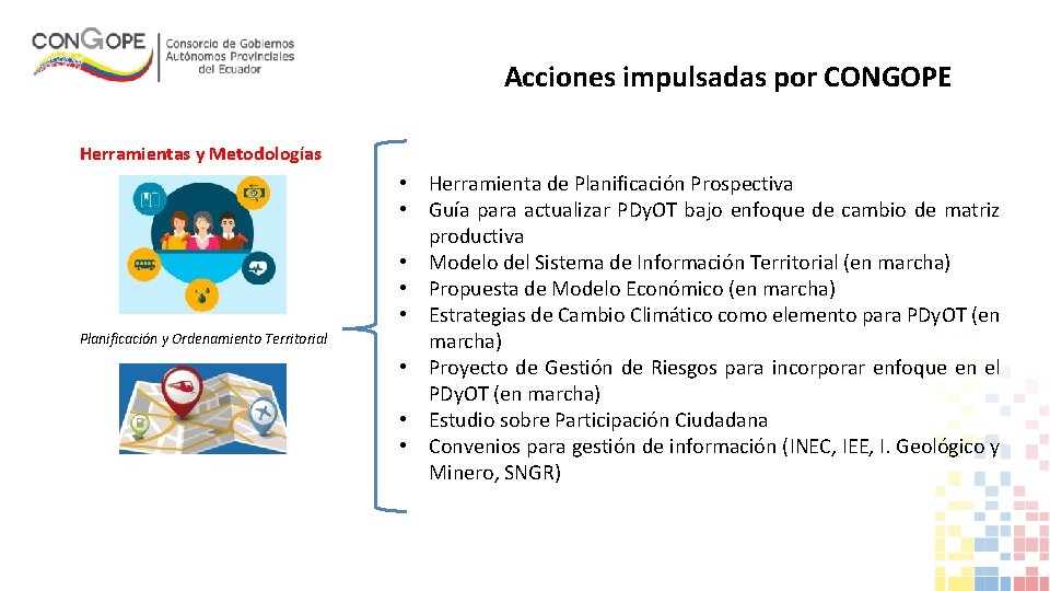 Acciones impulsadas por CONGOPE Herramientas y Metodologías Planificación y Ordenamiento Territorial • Herramienta de