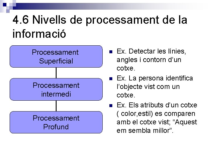 4. 6 Nivells de processament de la informació Processament Superficial Processament intermedi n n