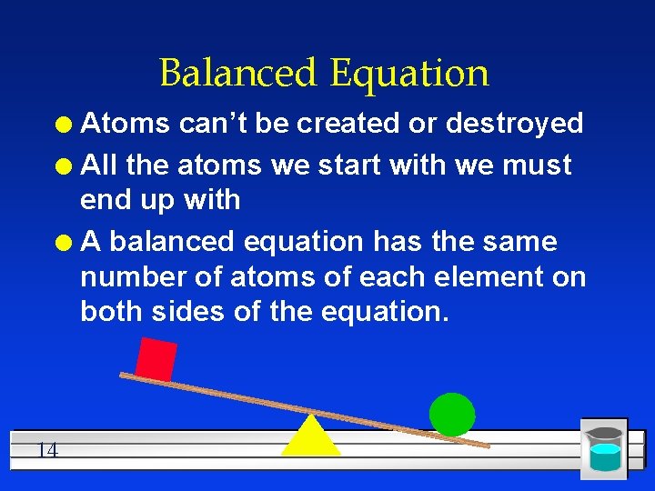 Balanced Equation Atoms can’t be created or destroyed l All the atoms we start