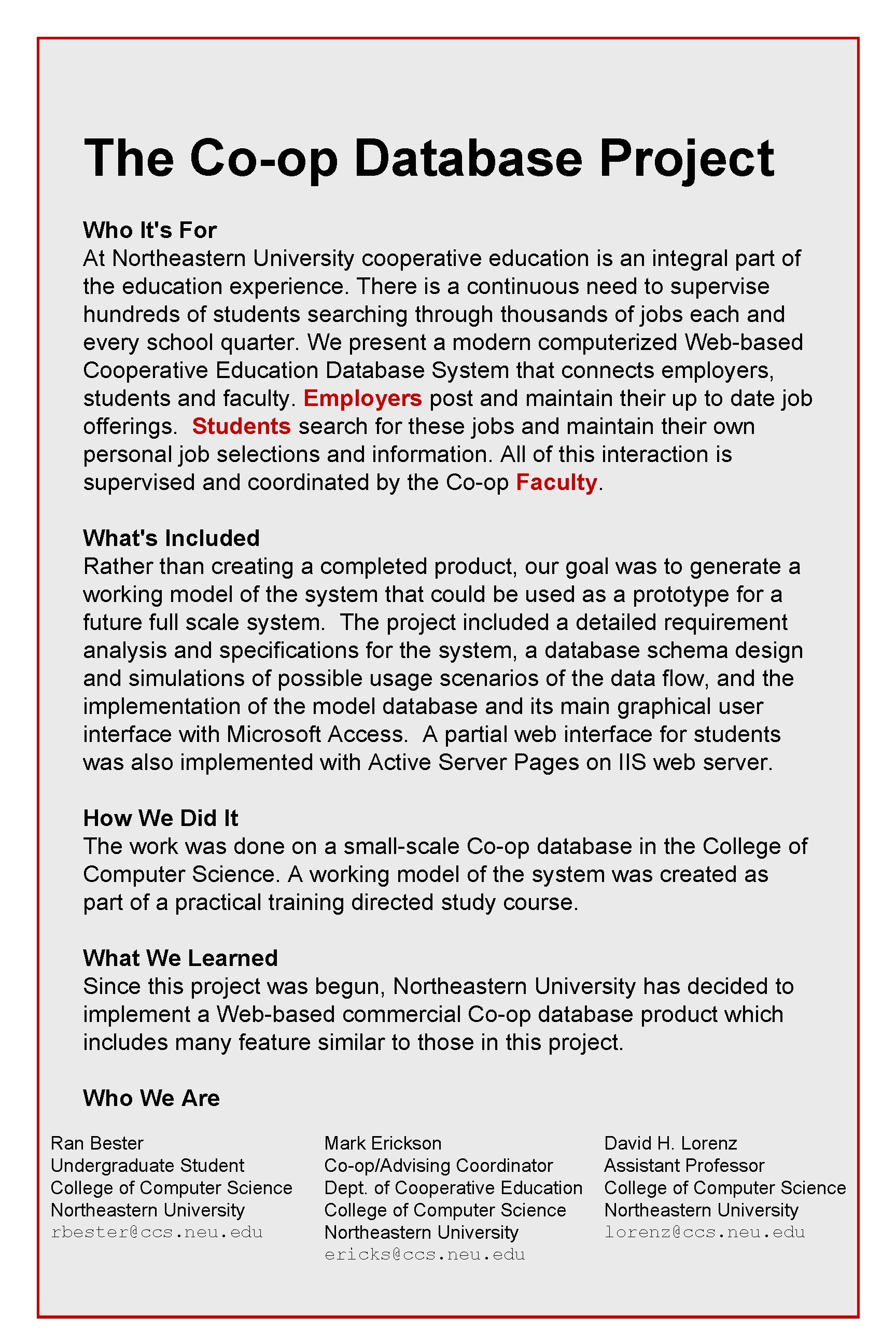 The Co-op Database Project Who It's For At Northeastern University cooperative education is an