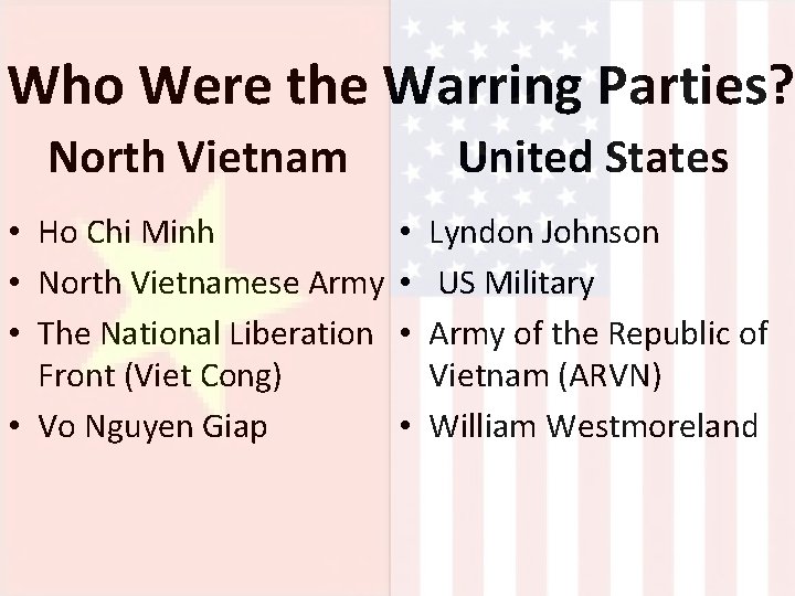 Who Were the Warring Parties? North Vietnam United States • Ho Chi Minh •