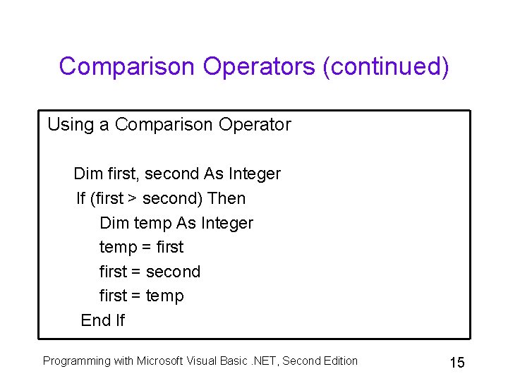 Comparison Operators (continued) Using a Comparison Operator Dim first, second As Integer If (first Comparison Operators (continued) Using a Comparison Operator Dim first, second As Integer If (first