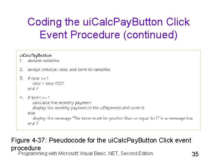 Coding the ui. Calc. Pay. Button Click Event Procedure (continued) Figure 4 -37: Pseudocode Coding the ui. Calc. Pay. Button Click Event Procedure (continued) Figure 4 -37: Pseudocode