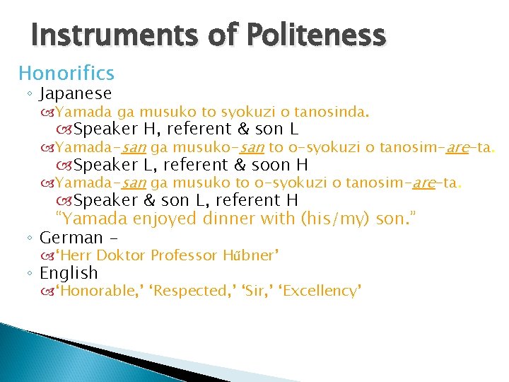 Instruments of Politeness Honorifics ◦ Japanese Yamada ga musuko to syokuzi o tanosinda. Speaker