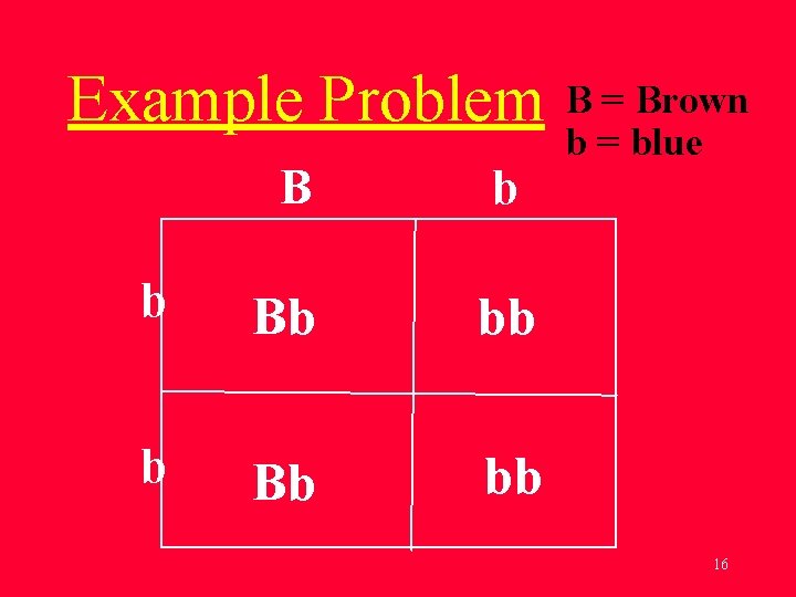 Example Problem B b b Bb bb B = Brown b = blue 16
