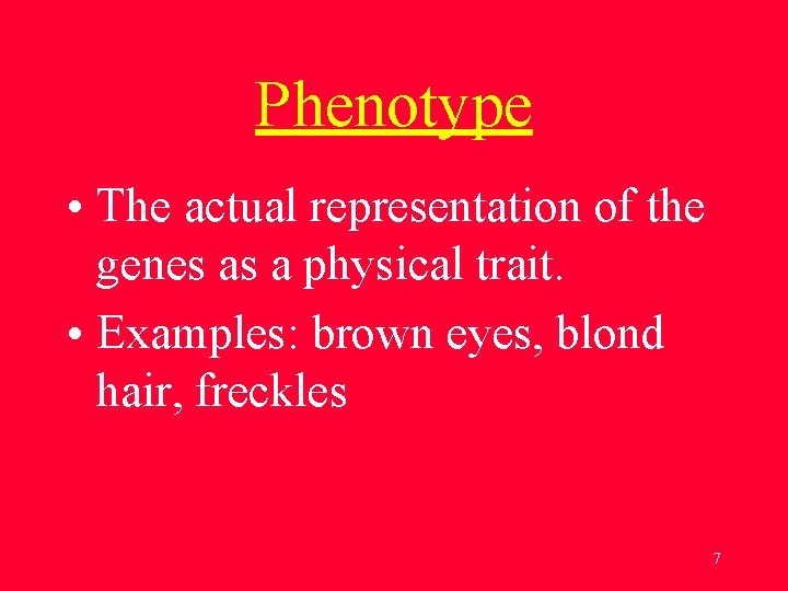 Phenotype • The actual representation of the genes as a physical trait. • Examples: