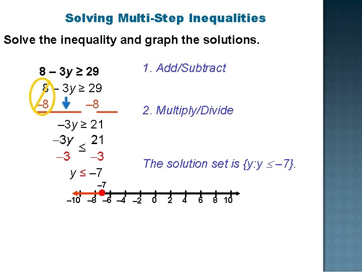 Solving Multi-Step Inequalities Solve the inequality and graph the solutions. 8 – 3 y