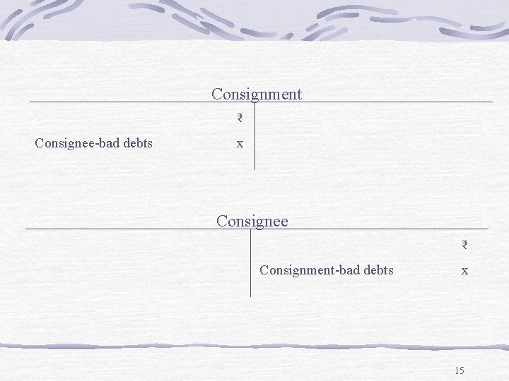 Consignment ₹ Consignee-bad debts x Consignee ₹ Consignment-bad debts x 15 